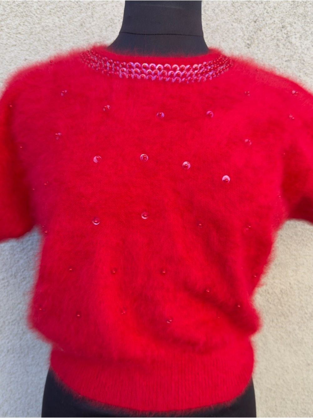 Vintage Nordstrom Red Sequin-Embellished Angora-Blend Crewneck Sweater